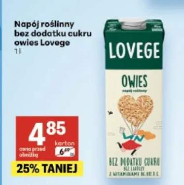 Napój roślinny owsiany Lovege bez dodatku cukru