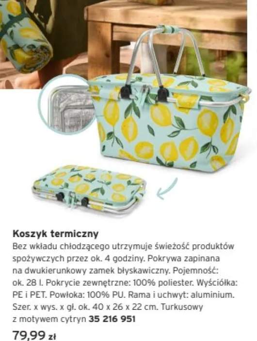 Koszyk termiczny turkusowy z motywem cytryn ok. 40x26x22cm