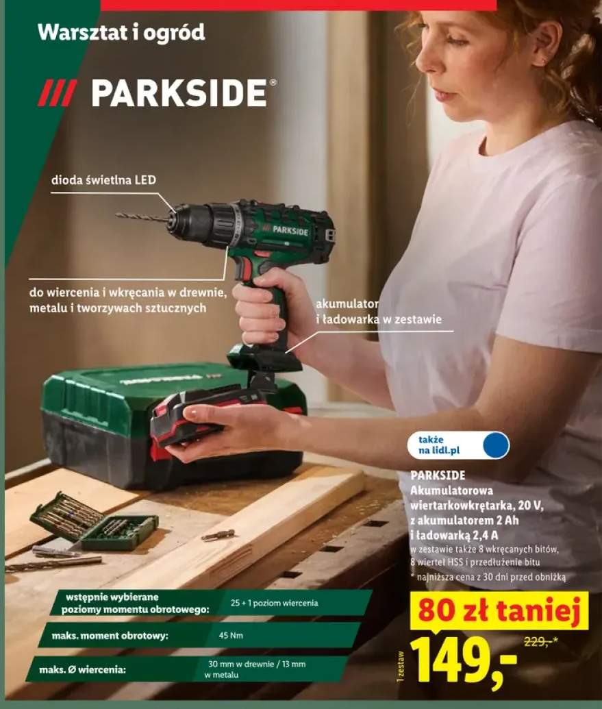 Wiertarkowkrętarka akumulatorowa Parkside 20V