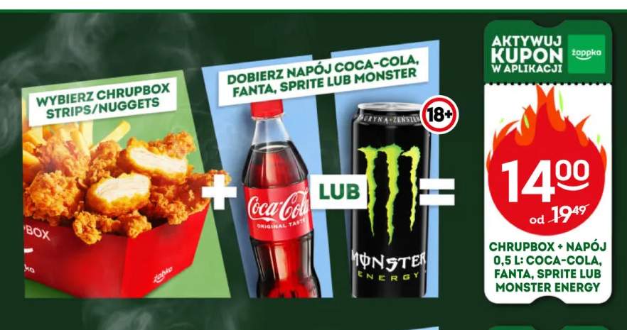 Zestaw Chrupbox strips i napój Coca-Cola Fanta Sprite lub Monster Energy 0,5 l +1 wariant