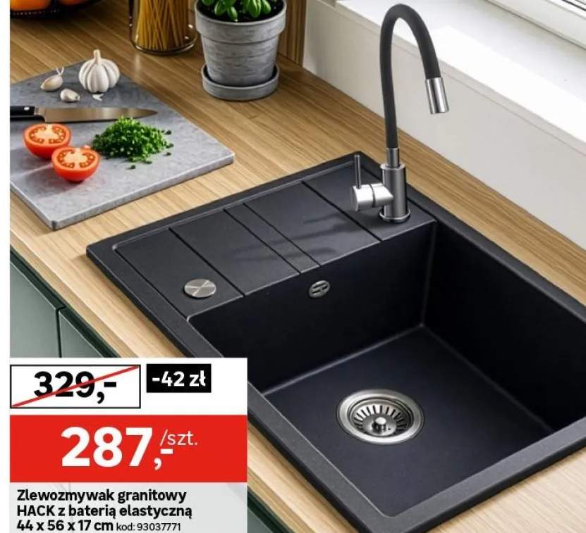 Zlewozmywak granitowy Hack czarny 44 cm z baterią elastyczną Kuchinox