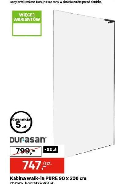 Kabina Walk-in Pure 90x200 transparentna profil czarny Durasan