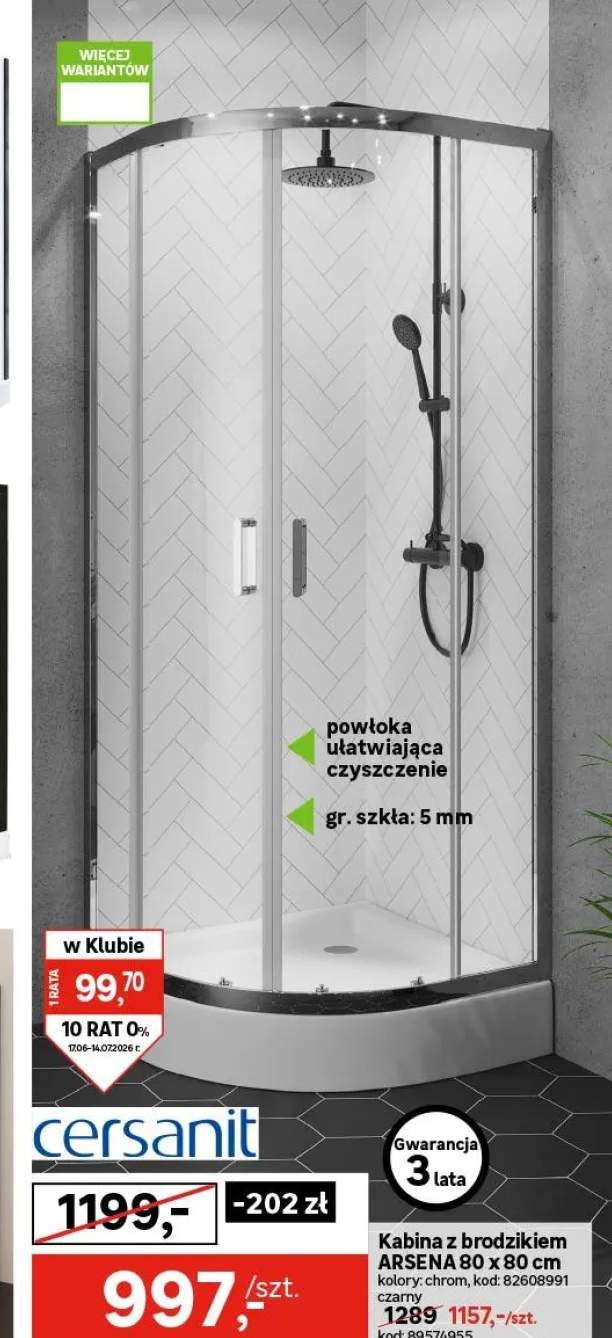 Kabina prysznicowa z brodzikiem Arsena 80 x 80 Cersanit