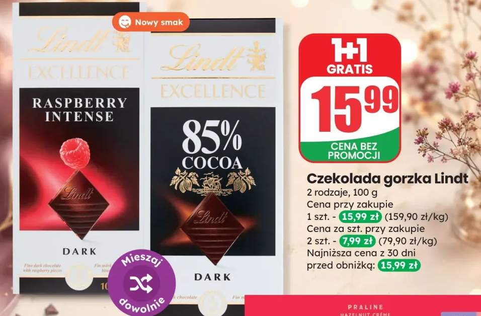 Czekolada gorzka Lindt Excellence Raspberry Intense +1 wariant