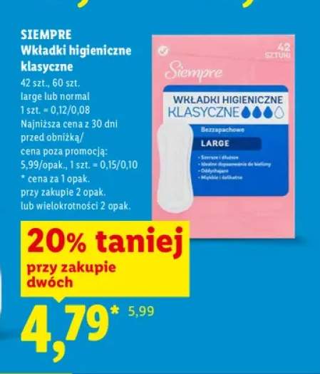 Wkładki higieniczne klasyczne Siempre Large +1 wariant