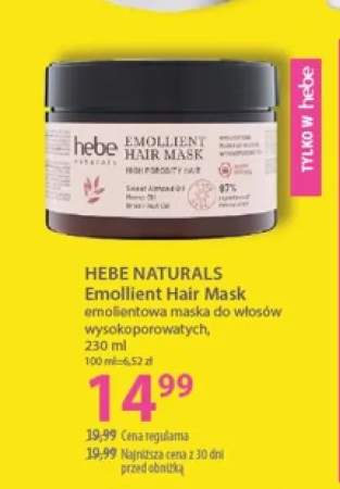 Emolientowa maska do włosów wysokoporowatych Hebe Naturals Emollient Hair Mask
