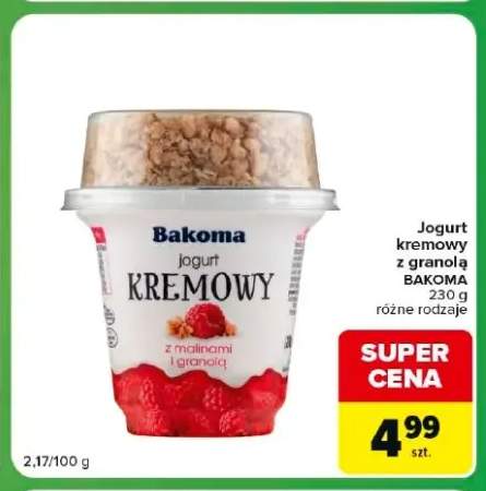 Jogurt kremowy z malinami i granolą Bakoma