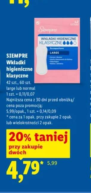 Wkładki higieniczne klasyczne Siempre Normal +1 wariant