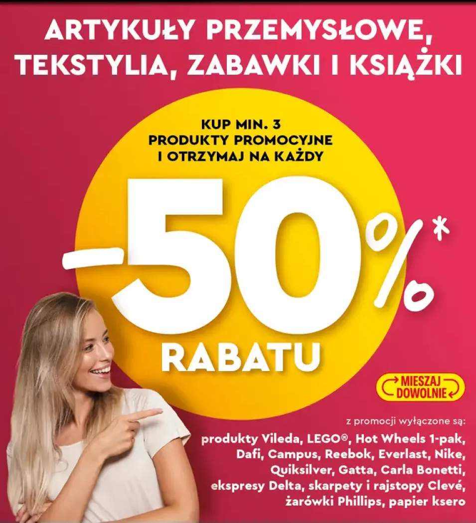 Artykuły przemysłowe, tekstylia, zabawki i książki -50% przy zakupie 3 szt.