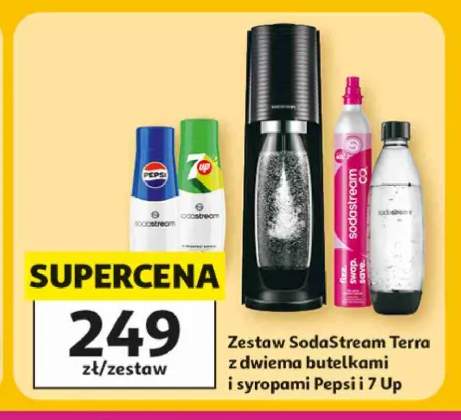 Zestaw SodaStream Terra z dwiema butelkami i syropami Pepsi i 7 Up