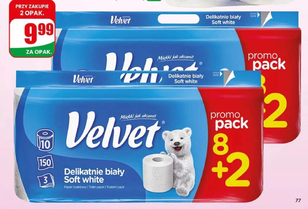 Papier toaletowy Velvet Delikatnie biały Soft white 8+2-pak