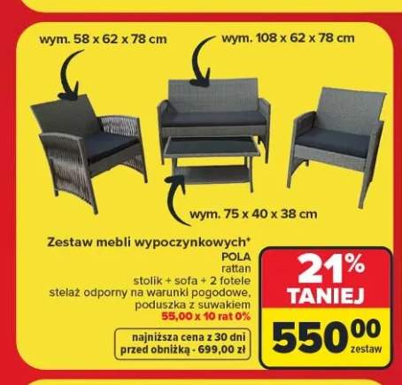 Zestaw mebli wypoczynkowych Pola Rattan stolik + sofa + 2 fotele