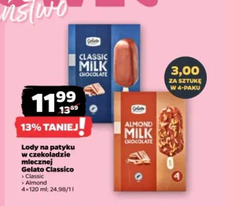 Lody na patyku w czekoladzie mlecznej Gelato Classico Classic 4-pak +1 wariant