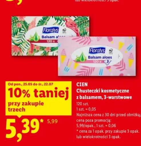 Chusteczki kosmetyczne z balsamem aloesowym 3-warstwowe Cien +1 wariant