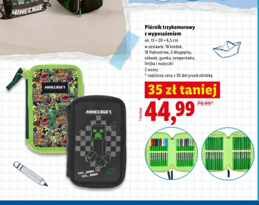 Piórnik trzykomorowy z wyposażeniem Minecraft