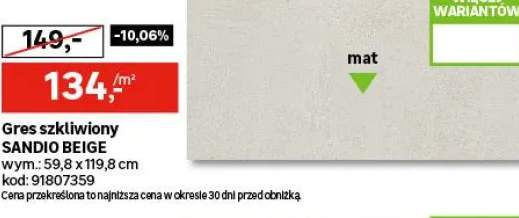 Gres szkliwiony Sandio Beige Mat 59,8X119,8 Arte
