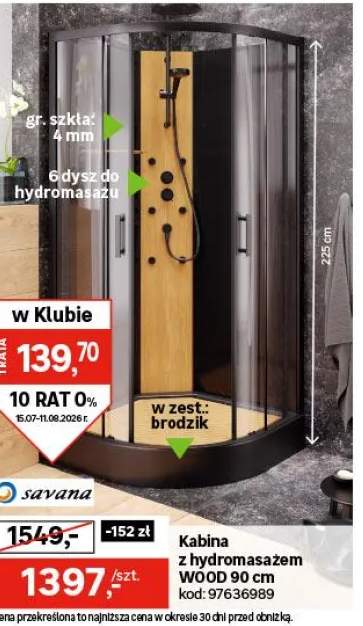 Kabina z hydromasażem WOOD 90x90x225 cm czarny mat SAVANA