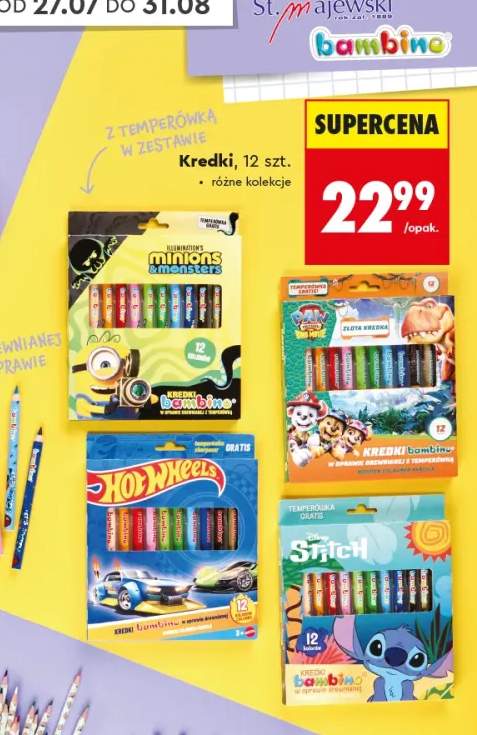 Kredki ołówkowe w oprawie drewnianej z temperówką Bambino Minions +3 warianty