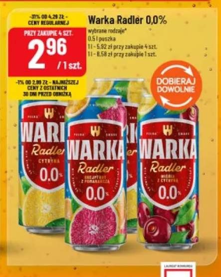 Piwo bezalkoholowe Warka Radler Cytryna +1 wariant