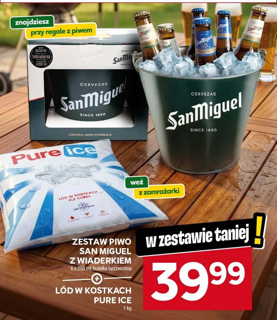 Zestaw piwo San Miguel z wiaderkiem + lód w kostkach Pure Ice