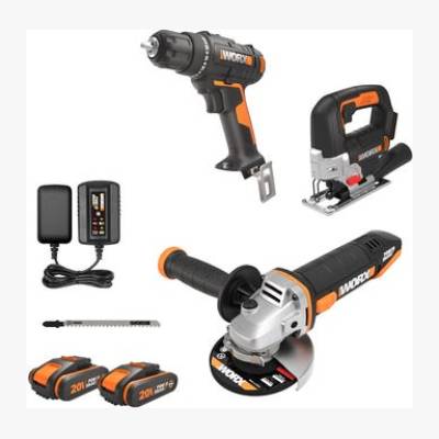 Zestaw WX955 wiertarko-wkrętarka, wyrzynarka, szlifierka kątowa, ładowarka, 2 baterie WORX