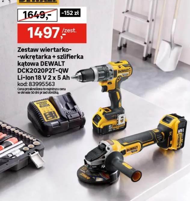 Zestaw wiertarko-wkrętarka+szlifierka kątowa DEWALT DCK2020P2T-QW Li-Ion 18V 2x5Ah