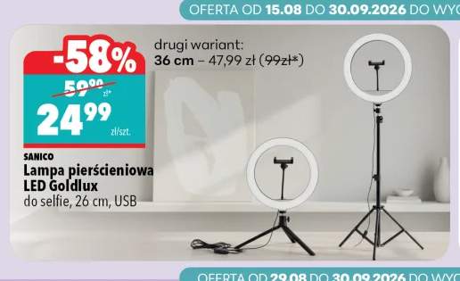 Lampa pierścieniowa LED Goldlux Sanico do selfie 26 cm USB +1 wariant