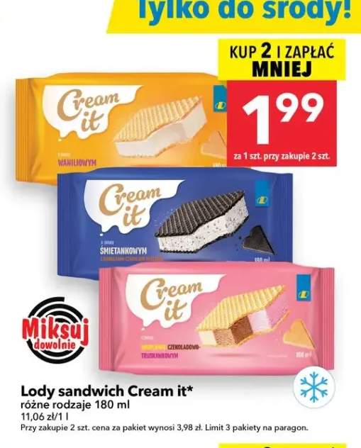 Lody sandwich o smaku waniliowym Cream It +2 warianty