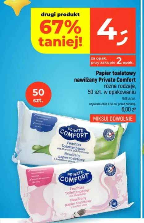 Papier toaletowy nawilżany z dodatkiem aloesu i pantenolu Private Comfort +1 wariant