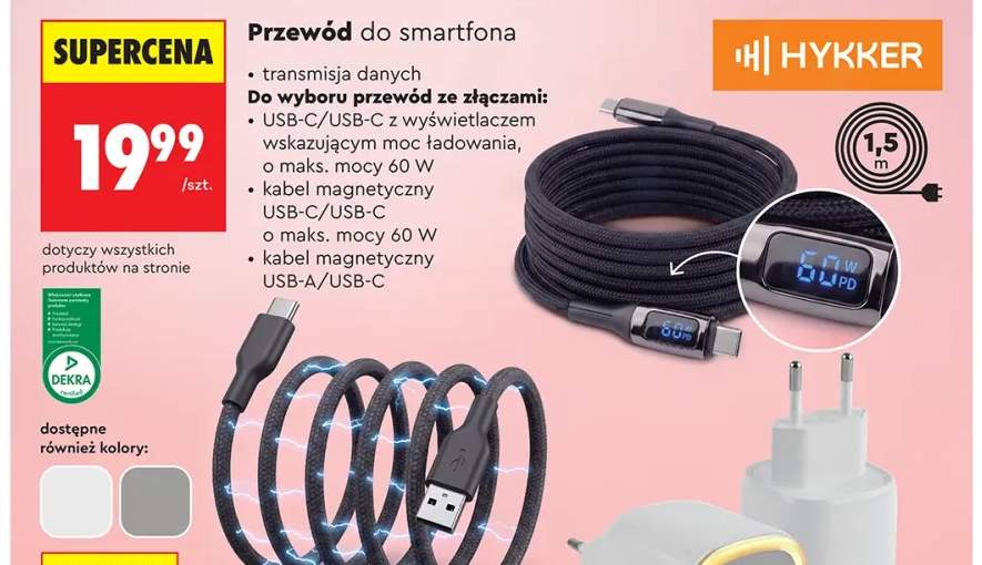 Przewód do smartfona USB-C/USB-C z wyświetlaczem Hykker +2 warianty
