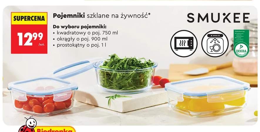 Pojemniki szklane na żywność okrągły o poj. 900 ml Smukee +2 warianty