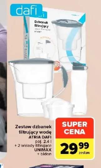 Zestaw dzbanek filtrujący wodę Atria Dafi poj. 2,4 l + 2 wkłady filtrujące Unimax + bidon