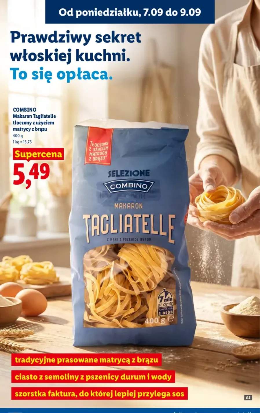 Makaron Tagliatelle tłoczony z użyciem matrycy z brązu Combino