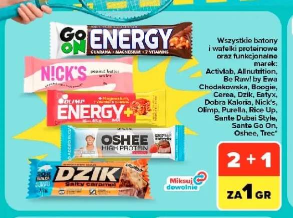 Batony i wafelki proteinowe oraz funkcjonalne marek: Activlab, Allnutrition, Be Raw! by Ewa Chodakowska, Boogie, Cerea, Dzik, Eatyx, Dobra Kaloria, Nick's, Olimp, Purella, Rice Up, Sante Dubai Style, Sante Go On, Oshee, Trec +5 wariantów