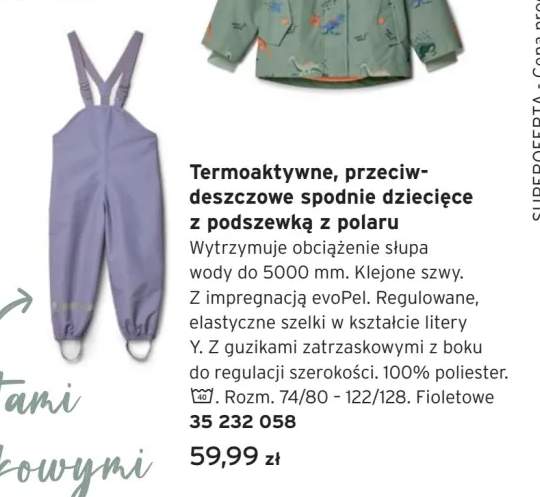 Termoaktywne przeciwdeszczowe spodnie dziecięce z podszewką z polaru
