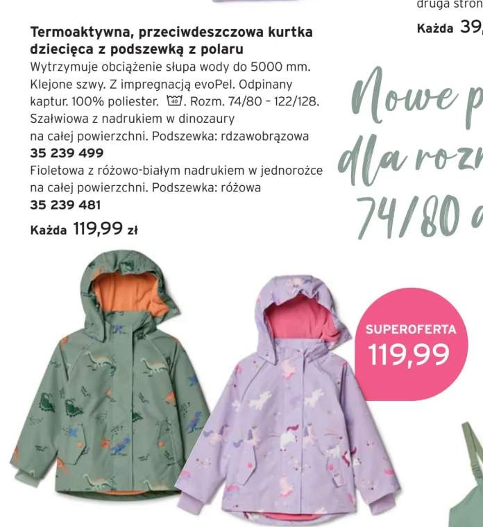 Termoaktywna przeciwdeszczowa kurtka dziecięca z podszewką z polaru