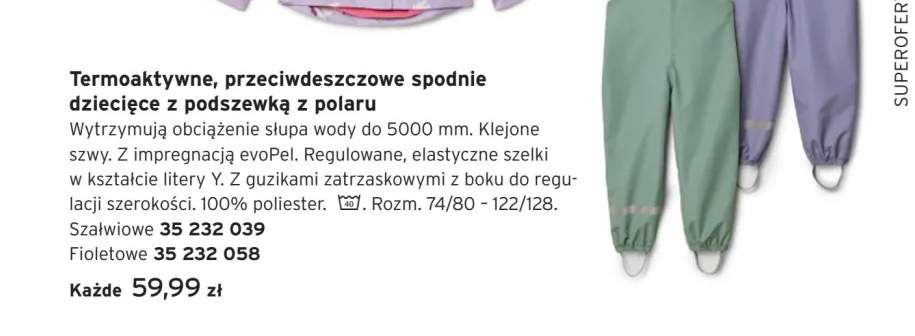Termoaktywne przeciwdeszczowe spodnie dziecięce z podszewką z polaru