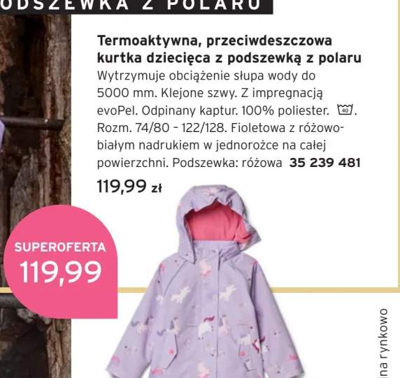 Termoaktywna przeciwdeszczowa kurtka dziecięca z podszewką z polaru