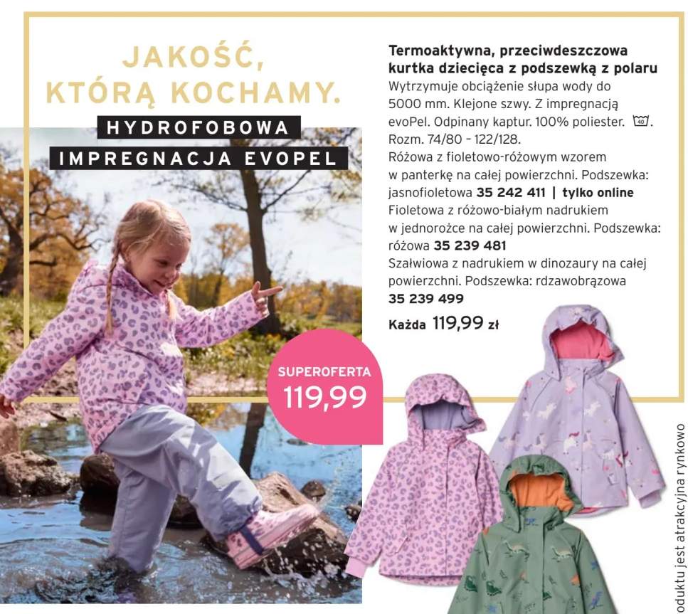 Termoaktywna przeciwdeszczowa kurtka dziecięca z podszewką z polaru