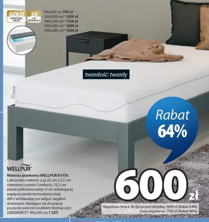 Materac piankowy Wellpur Kvita 80x200 cm +5 wariantów