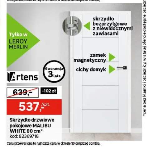 Skrzydło drzwiowe pokojowe Malibu White 80 cm Artens