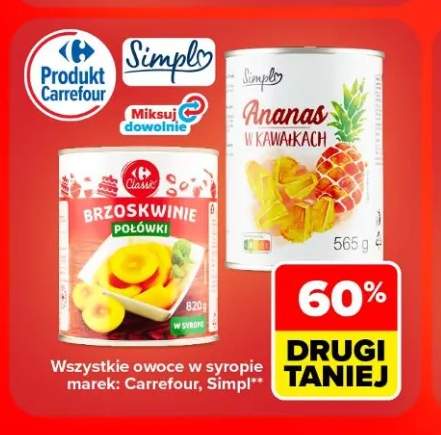 Owoce w syropie marek: Carrefour, Simpl +2 warianty