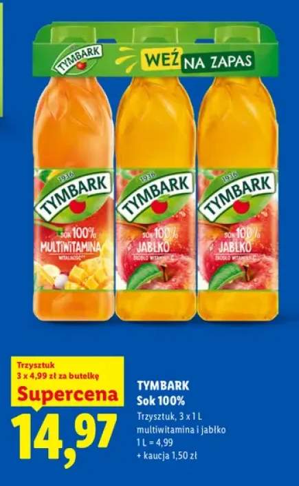Sok multiwitamina i jabłko Tymbark 3-pak 100%