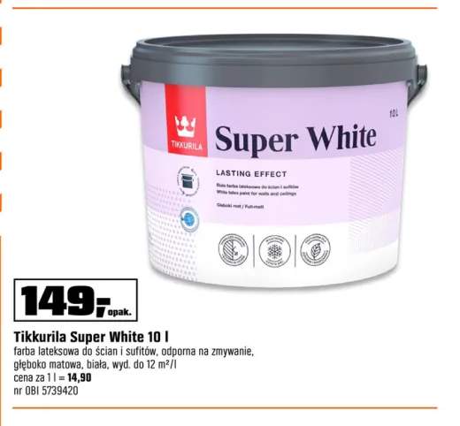 Farba lateksowa do ścian i sufitów Tikkurila Super White 10 l