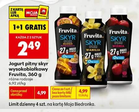 Jogurt pitny skyr wysokobiałkowy Fruvita wanilia +2 warianty