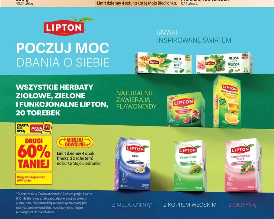 Herbaty ziołowe, zielone i funkcjonalne Lipton +7 wariantów