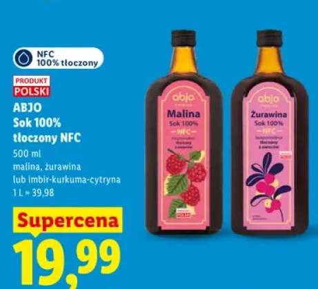 Sok tłoczony NFC malina Abjo 100% +2 warianty