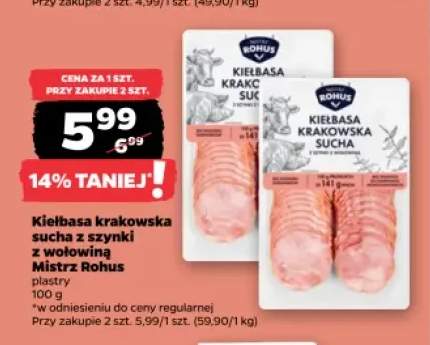 Kiełbasa krakowska sucha z szynki plastry Mistrz Rohus +1 wariant