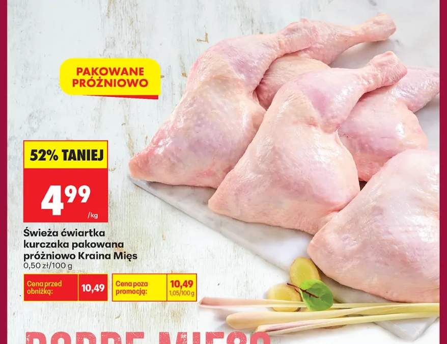 Świeża ćwiartka kurczaka pakowana próżniowo Kraina Mięs