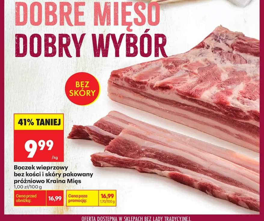 Boczek wieprzowy bez kości i skóry pakowany próżniowo Kraina Mięs